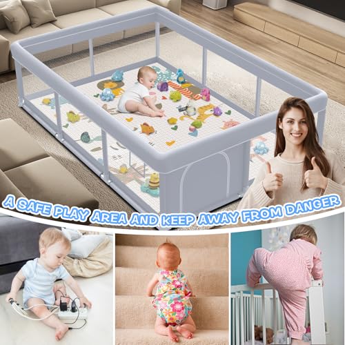 Image of XVISHX Baby Playpen with Mat, 74 x 50 Inch Playpen for Babies and Toddlers, Baby Playard for Indoor & Outdoor Active Center Game Fence, with Skin-Friendly Fabric and Soft Breathable Mesh, Grey