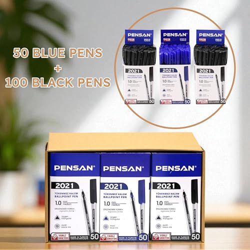 Image of PENSAN Ballpoint Pens Bulk Pack, 150-Count - (100 Black & 50 Blue) Ink Pens, 1.0mm Medium Point, Ergonomic Triangle Grip, Smooth Writing