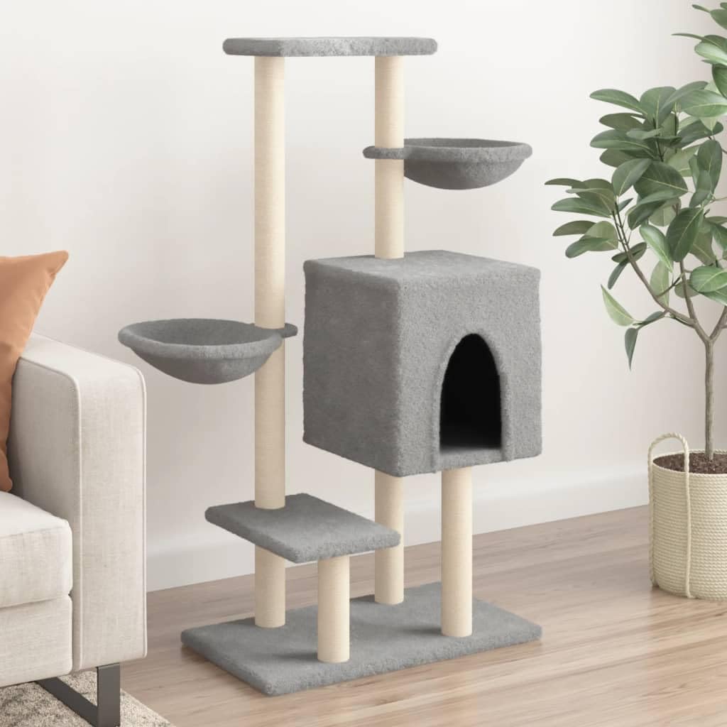 Homgoday Tiragraffi per gatti con tiragraffi in sisal, grigio chiaro, 117 cm, torre tiragraffi multilivello con scala e condomini, centro attività per gatti da interno
