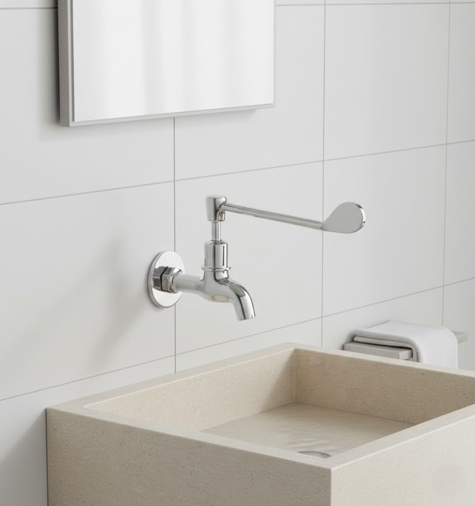 Full Brass Eco Elbow Action Bib Cock Tap Faucet with Wall Flange | Wall Mounted | Chrome Finish - Silver (Pack of 1)