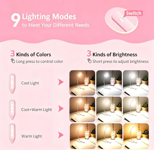Image of Book Light, Rechargeable Reading Light 7 LED Easy Clip on Reading Lamp, 3 Color Temperature, Clip on Reading Lights for Books in Bed,Portable Task Lamp (Pink)