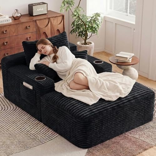 65 Oversized Chaise Lounge Chair Indoor Boneless Chaise Lounge Chair with Cup Holders Side Pockets 3 Pillows Cloud Corduroy Chaise Sofa Bed Sleeper Couches for Living Room No Assembly Require Black