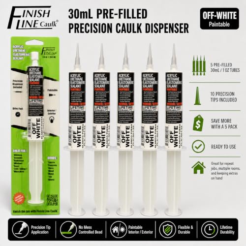 Image of Finish Line Caulk 30mL Pre-Filled Precision Caulk Applicator Off WT 5-Pack | Clean, Controlled Application with Less Mess and Rework