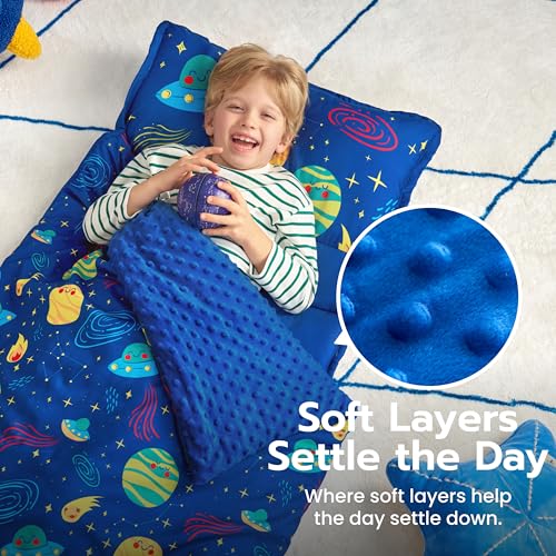 Image of JOIEDOMI Toddler Nap Mat with Removable Pillow and Minky Blanket 55''x30'' Kids Sleeping Bag for Boys and Girls Ages 3-6 Roll Up Soft Nap Mats for Preschool Kindergarten Daycare Sleepover