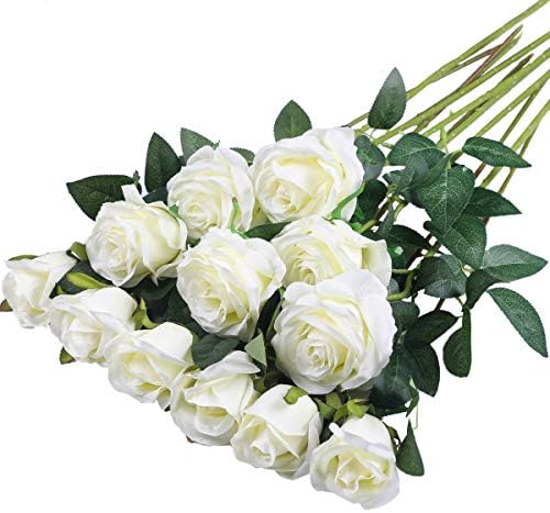 Hawesome 12PCS Artificial Silk Flowers Realistic Roses Bouquet Long Stem for Home Wedding Decoration Party (White)