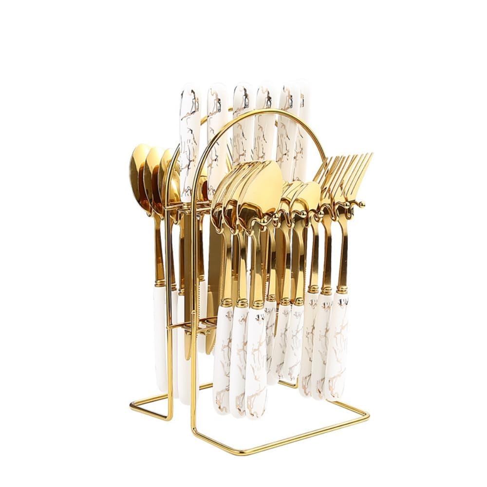 (24 Pezzi) Imitazione Marmorizzato Manico in Ceramica Cucina Acciaio Inox Argenteria Stoviglie Posate Coltelli Forchette Cucchiai Set Per 6 Persone (Bianco,A)