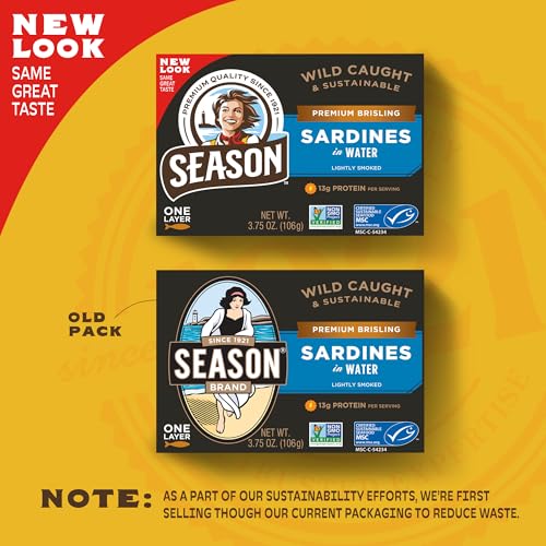 Image of Season Brisling Sardines in Water Wild Caught, 3.75 Oz Tins, 6-Pack | 13g of Protein, Keto Snacks, More Omega 3's Than Tuna, Kosher, High in Calcium, Canned Sardines, One Layer
