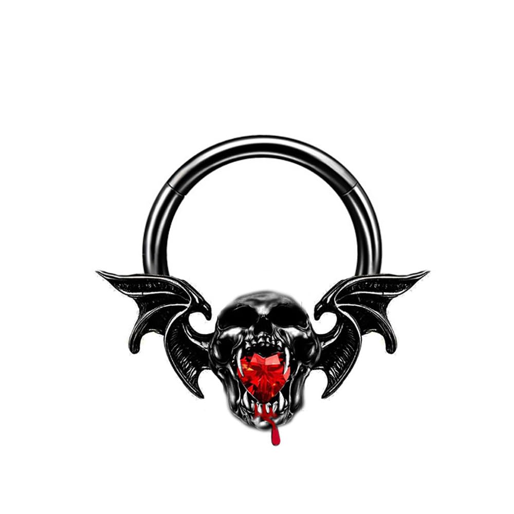 16G Black Devil Nose Septum Ring for Women Men Stainless Steel Skull Bat Septum Jewelry 10mm Hoop Nose Rings Cartilage Earrings Halloween Nose Piercing Jewelry