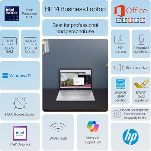 Image of HP Ultrabook 14 Laptop Computer Business Study & Home 2025, Lifetime MS Office for The Web + Windows 11 Home, Quad-Core Intel CPU, Wi-Fi 6, Blue