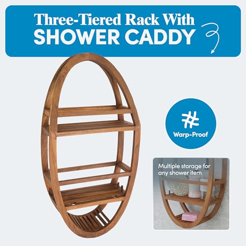 Image of AquaTeak Patented Moa Oval Teak Shower Organizer Premium Teak Oil