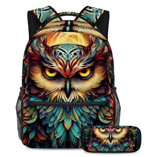 Cartable enfant hibou coloré Lot de 2 avec sac à dos et trousse scolaire grand format