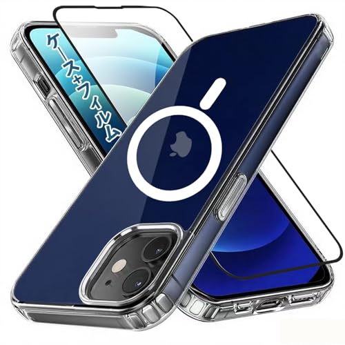 MagSafe対応 iPhone 12Mini ケース ガラスフィルム付き クリア 透明 マグネット搭載 アイフォン 12Mini ケース PC+TPU 滑り止め 指紋防止 米軍MIL規格 耐衝撃 耐久性 全面保護 黄ばみなし スマホケース いPhone
