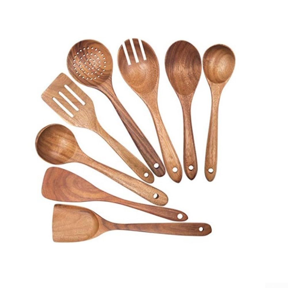 Cuillères en bois noble de cuisine : set de 8 pièces d'exception en bois brut