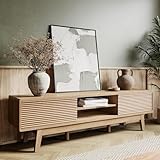 Buytime 59' TV Stand for Living Room, Mid Century Modern Entertainment Center for 55/60/65 inch TVs, Wooden Low Profile TV Console with Fluted Sliding Doors and Open Shelves, Oak