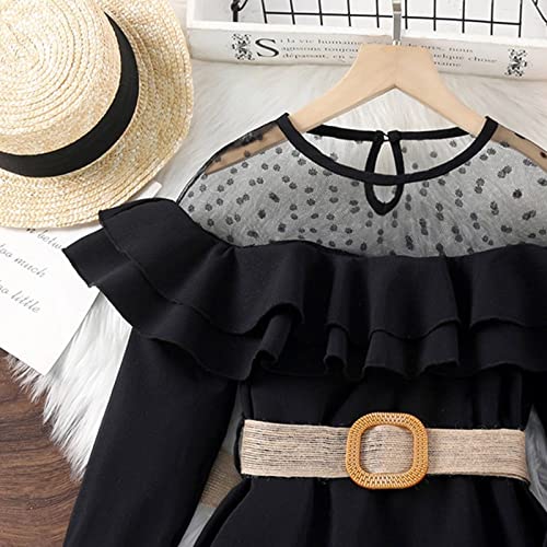 Kids Toddler Girls Solid Bowknot Long Ruffled Sleeve Patchwork Mesh Solid Tops Blouse with Belt Girls (Black, 7-8 Years)3