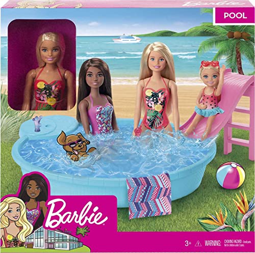 Barbie Doll And Pool Playset With Pink Slide, Beverage Accessories And Towel, Blonde Doll In Tropical Swimsuit #TOP5