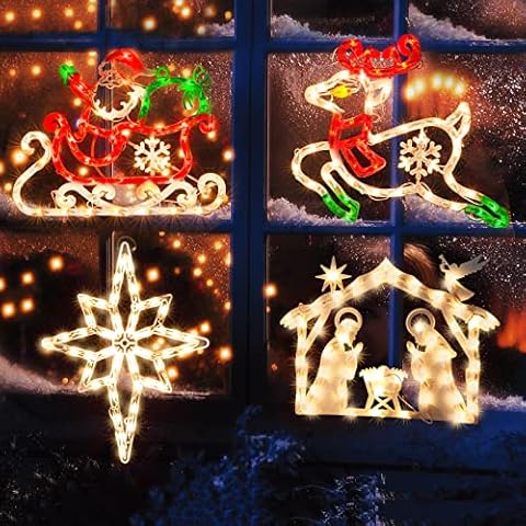 LAMPHOME Christmas Window Silhouette Lights, 4 Pack Christmas Decoration Lighted Sign,16'' Holiday Window Decoration Lights Set,Extra Length 6.6FT Wire,UL Listed,Santa Claus,Polaris,Deer,Jesus Cover