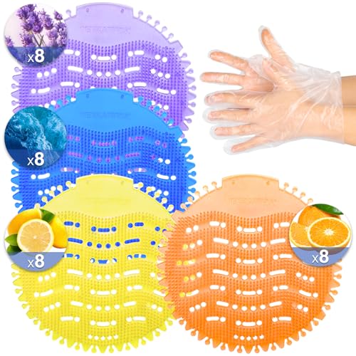 32 PACK Urinal Deodorizer Screen with 100 Gloves-3D Wave Anti-Splash Odor Protection Urinal Cakes for Men Toilets Four Scents Urinal Mats