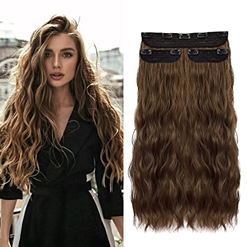 HOOJIH 20” Clip in Hair Extensions, 3PCS Set Thick Long Wavy Curly Hair Extensions Invisible Full Head Synthetic Hairpiece for Women 8oz - Ginger Medium Brown