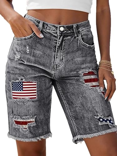 Flamingals Mid Rise Denim Bermuda Shorts for Women American Flag
