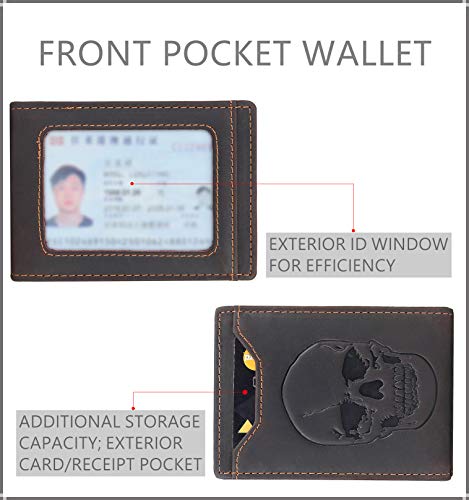 DK86 Men's Leather Skull Slim Wallet with Money Clip Minimalist Bifold Front Pocket wallet for Men RFID Blocking Full Grain Leather (Coffee Skull) - Image 5