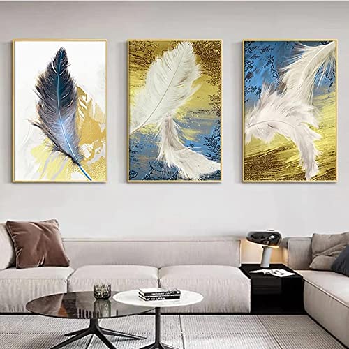 Toile Plume Dorée Giclée 80x120cm x3 triptyque abstrait moderne pour décoration salon sans cadre
