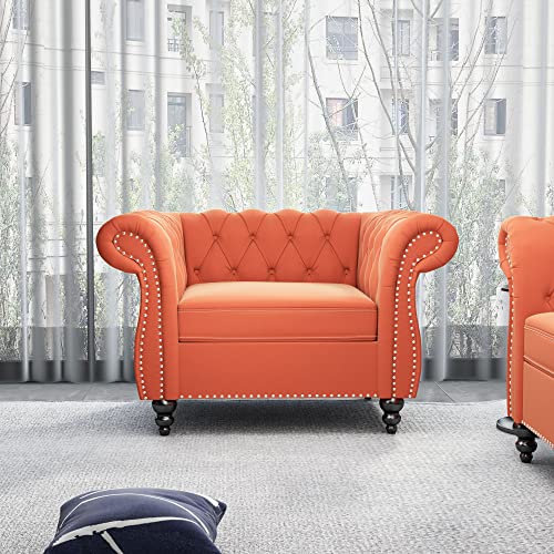 Image of Chesterfield Chair, Modern Velvet Tufted Accent Sofa Couch Chair with Scroll Arms and Nailhead for Living Room, Bedroom, Office, Apartment (Orange)