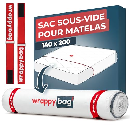 Wrappybag – Sac sous vide Matelas Déménagement 140 x 200 cm – Kit Complet Housse protection matelas sous vide Etanche avec Clips & Sangles auto...