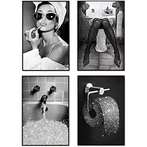 ZMDFXE Set di 4 quadri da bagno, in tela bianca e nero, alla moda, da donna, divertente, senza cornice (20 x 30 cm x 4)