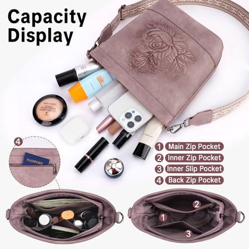 Image of Crossbody Purses for Women, Trendy Embossed Vegan Leather Bucket Bag, Travel Shoulder Handbag with 2 Detachable Straps