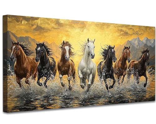 GUTTATY 7 Running Horses Canvas Wall Art, Sunset Canvas Prints, Dynamic Horse Wall Decor, Hand-Stretched Framed Wall Painting, Inspirational Artwork for Living Room, Office or Bedroom, 32x16 Inch