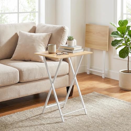 Image of HOOBRO Folding TV Table, TV Tray, Stable Snack Table for Small Space, Portable Sofaside Desk, Easy Assembly and Storage, Ideal for Snacks and Meals in Living Room, Natural and White, WN15BZ01