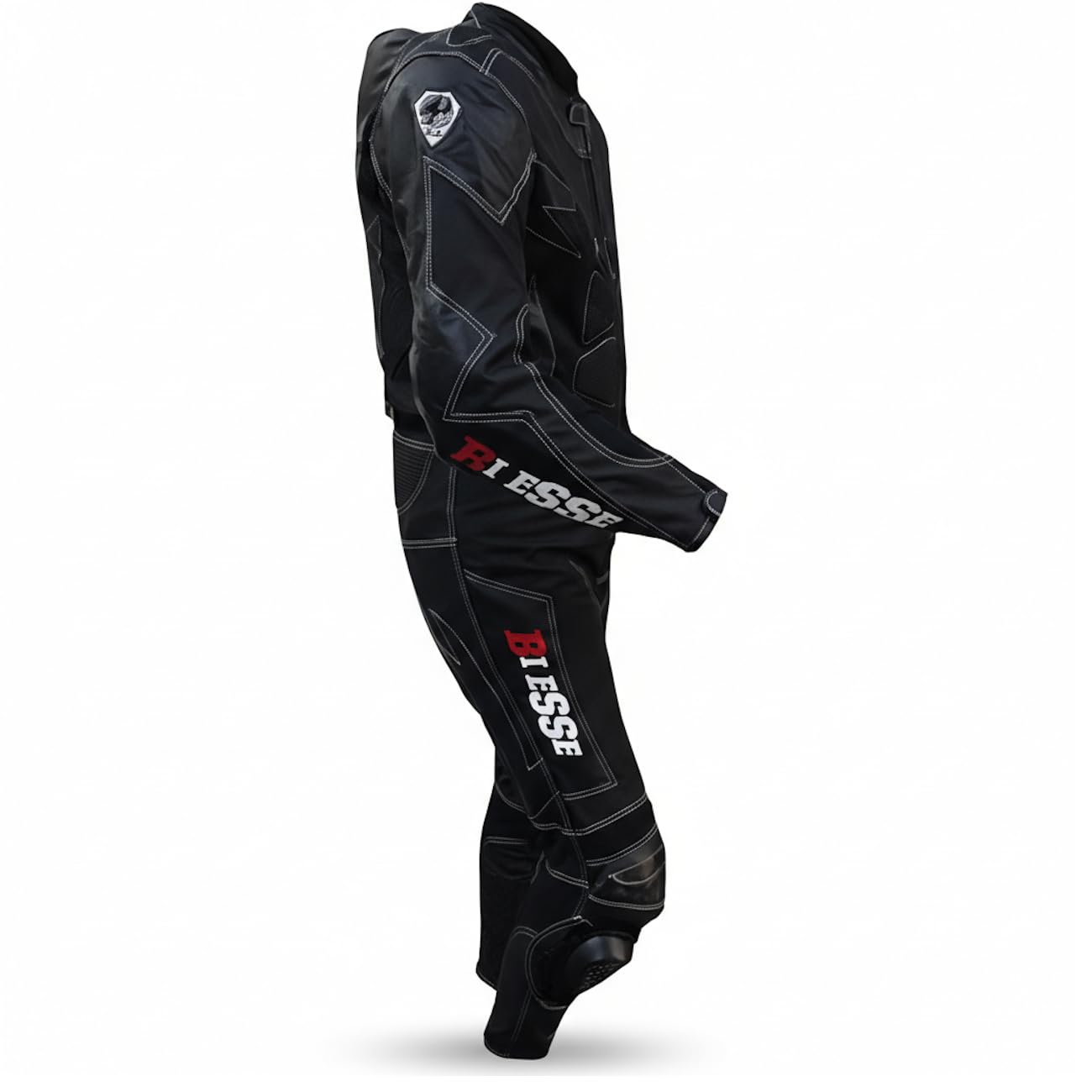 BI ESSE - Einteiliger Motorradanzug aus Leder und Stoff, ideal für Straße, lange Reisen, Touren, Pitbike, komplett mit Buckel und zertifiziertem starren Schutz (Schwarz, XXL)