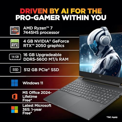 Image of HP Victus, AMD Ryzen 7 7445HS, 4GB RTX 2050, 16GB DDR5(Upgradable) 512GB SSD, FHD, 144Hz, 300 nits, IPS, 15.6'' /39.6cm, Win11, M365* Office24, Mica Silver, 2.29kg, fb3123AX, Backlit, Gaming Laptop