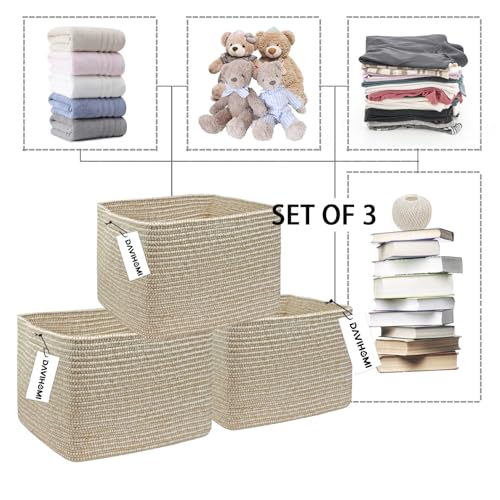 Image of 3Pack Small Woven Cotton Rope Basket for Organizing, Gift Baskets for Handles, Empty Gift Baskets, Toy Basket for bins|13.5 inch x 11 inch x 9.5 inch home decor for Living Room, Bathroom（Flax and White）