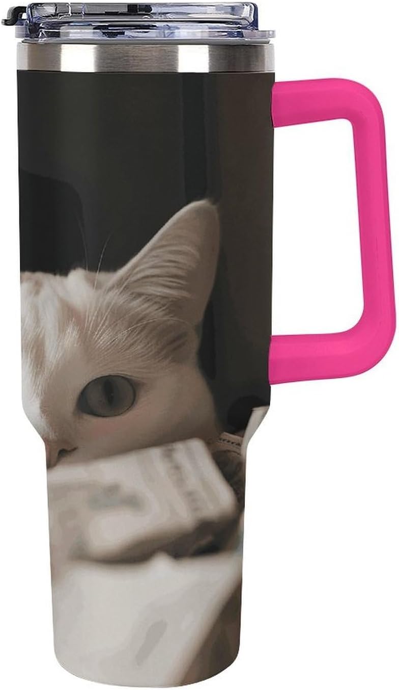 White Cat And Pile of Dollars Tumbler 40 Oz with Handle&Lid Large Car Cup Stainless Steel Vacuum Travel Mug Insulated Water Bottle Leak-proof Portable Coffee Cup for Home Car Outdoor