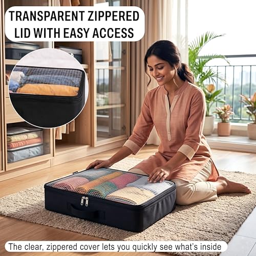 Image of Storite Foldable Underbed Storage Bag for Clothes, Blankets & Comforters | | Breathable Fabric Organizer with Zipper, Transparent & Handles | Space Saving Storage Box (54x28x12 cm)