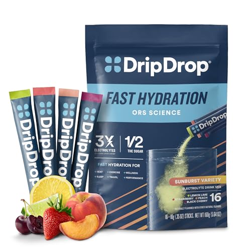 DripDrop Hydration Packets - Sunburst Variety Pack - Single Serve Electrolytes Powder Drink Mix - Lemon Lime, Strawberry, Peach, Black Cherry - Non-GMO, Gluten Free, Vegan - 16 Sticks