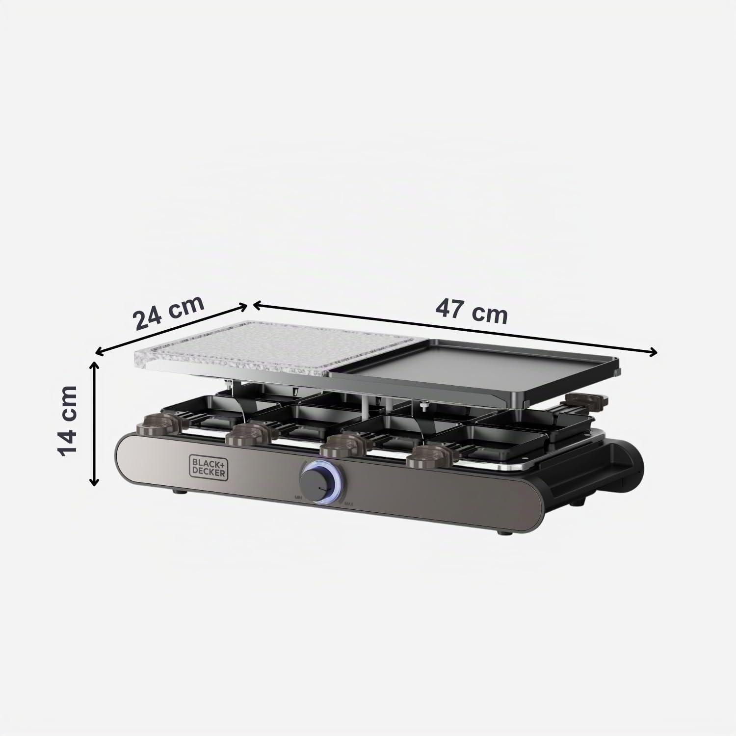 Black+Decker – Raclette elettrica BXFC1400E | 1400W | Per 8 persone | Piastra reversibile grill/plancha + pietra naturale | Termostato regolabile LED | Antiaderente | Accessori inclusi