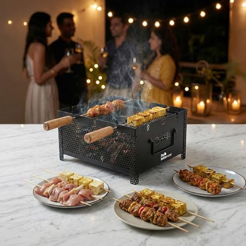 Image of The Better Home Heavy-Duty Iron Charcoal Grill - Sturdy Barbecue Sigdi for Home & Garden with 2 Rust-Proof Stainless Steel Skewers | Portable BBQ Set with Wooden Handles & Mesh Grill (Silver)