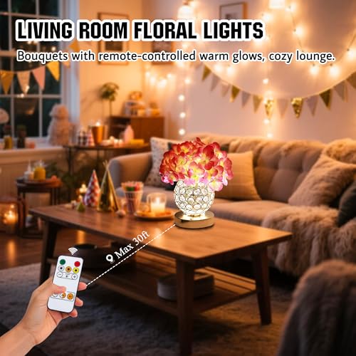 Image of 3-Color Artificial Hydrangea Flower Lamp with Remote, Rechargeable Night Light, Gold Crystal Rhinestone Vase Table Lamp for Bedroom Living Room Decor, Birthday Mothers Day Gifts for Women
