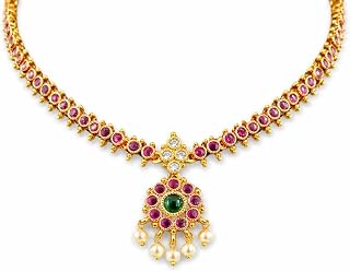 Gold Plated Pink & Green Stone Choker Necklace Set | Traditional Temple Design with Pearl Drops | Price In India