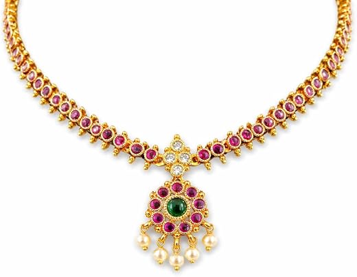 Gold Plated Pink &amp; Green Stone Choker Necklace Set | Traditional Temple Design with Pearl Drops |