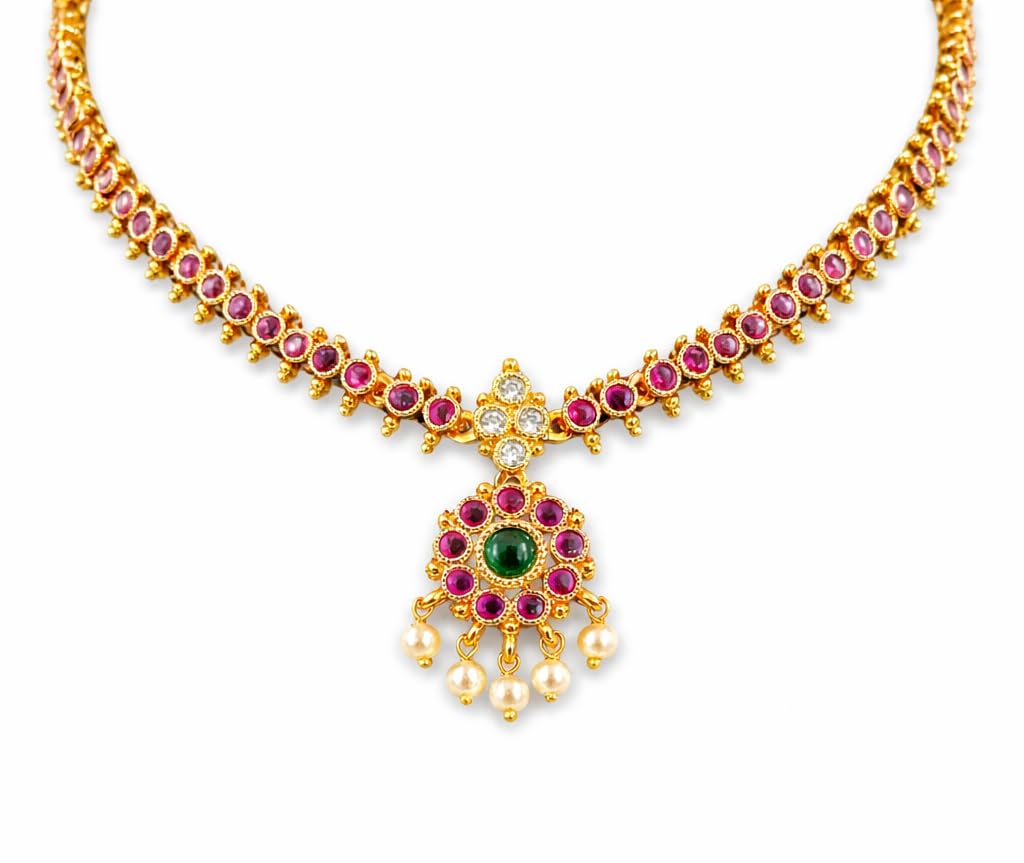 Gold Plated Pink & Green Stone Choker Necklace Set | Traditional Temple Design with Pearl Drops | - Review, Price and Buying Guide