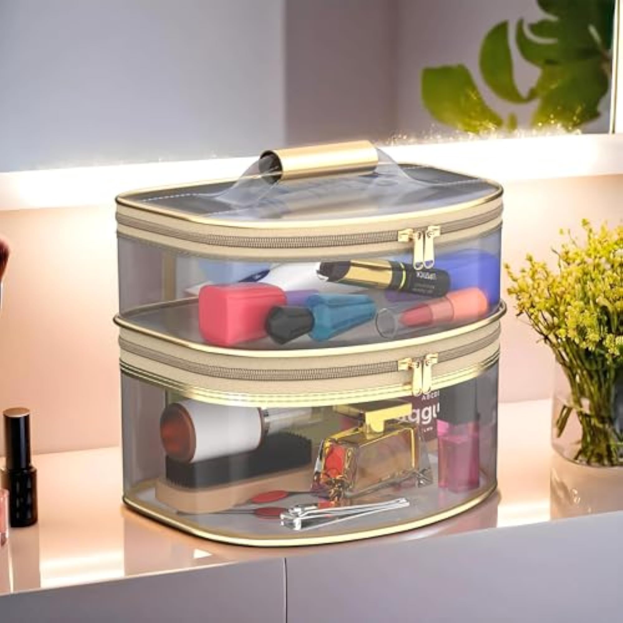 Dual Layer Travel Cosmetic Bag with Handle, Toiletries Storage Kit