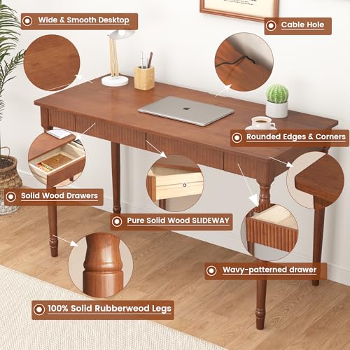Image of 100% Solid Wood Desk with Drawers - 47.2 inch x 21.7 inch Mid Century Modern Desks, Vintage Writing Desk with Drawers, Simple Work Study Table, Home Office Computer Desks for Any Room - Walnut Color