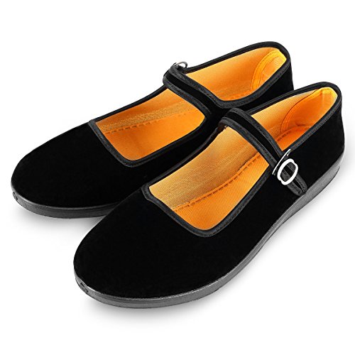 Zapatos Mary Jane de Terciopelo de Las Mujeres Algodón Negro Antigua Pekín Pisos de Tela Ejercicio Zapatos de Baile (EU 39)