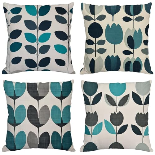 Federe Cuscini Divano 60 x 60 Set di 4 Cuscini per Divano Verde acqua Esterno Impermeabili Velluto Cushion Covers Pianta Doppia Faccia Stampa con Cerniera Invisibile per Estate Patio Decor 939-Y