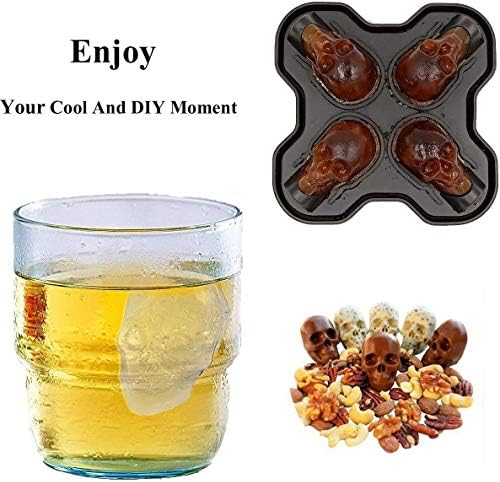 Sunerly 3D Skull Shape Halloween Silicone BPA Free Silicone Ice Cube Mould Tray with Lid Makes 4 6 Vivid Skulls, Freezer Tray for Whiskey, Cocktail, Liqueur and Gin Glasses
