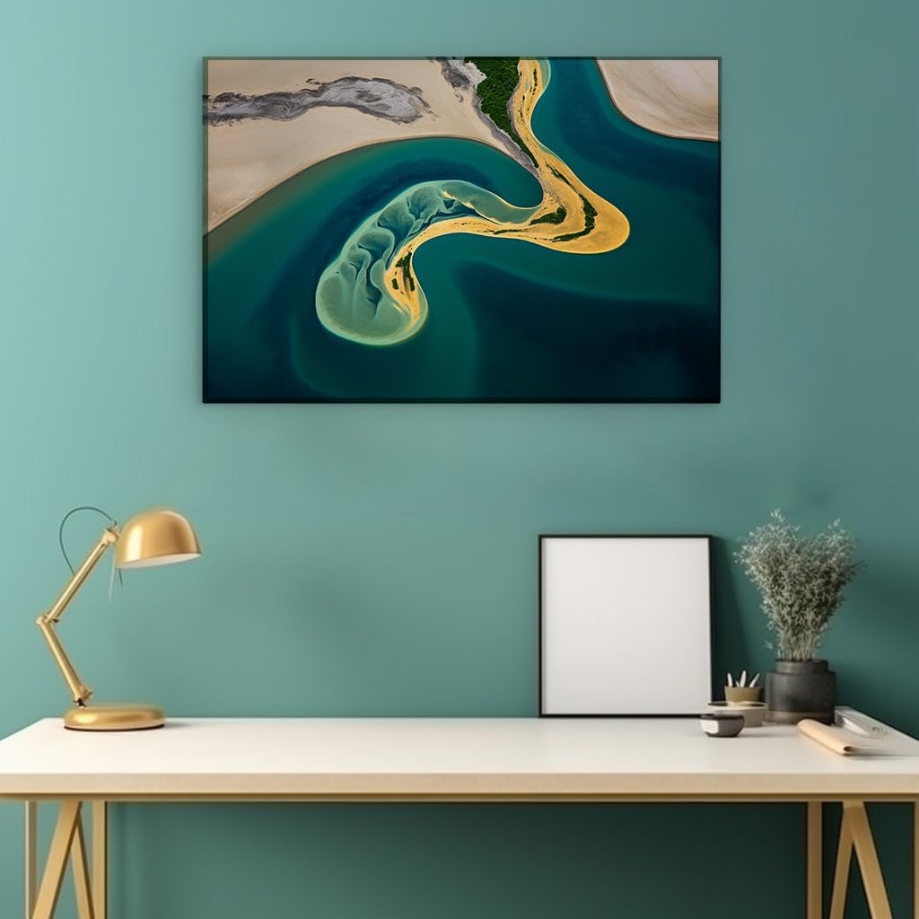 Canvas for Living room. Confluence of Nature's Palette An Aerial Symphony of Earth, Water, and Vibrant Hues, 27 x 18 inch Canvas Wall Art - Contemporary Masterpieces - Modern Home Decor